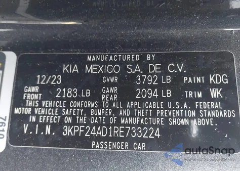 2024 Kia Forte Lxs из США, поврежденный, VIN 3KPF24AD1RE733224